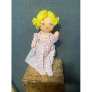Vintage Handmade Rag Doll With Yellow Yarn Hair & Pink Polka Dot Dress 16" Soft